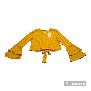 3 FOR 12 SALE NWT Self Esteem  Bell-Sleeve Tie-Front Top Yellow Gold Small